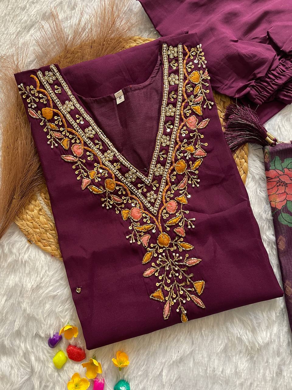 handwork kurti pant with dupatta set rpd fashion
