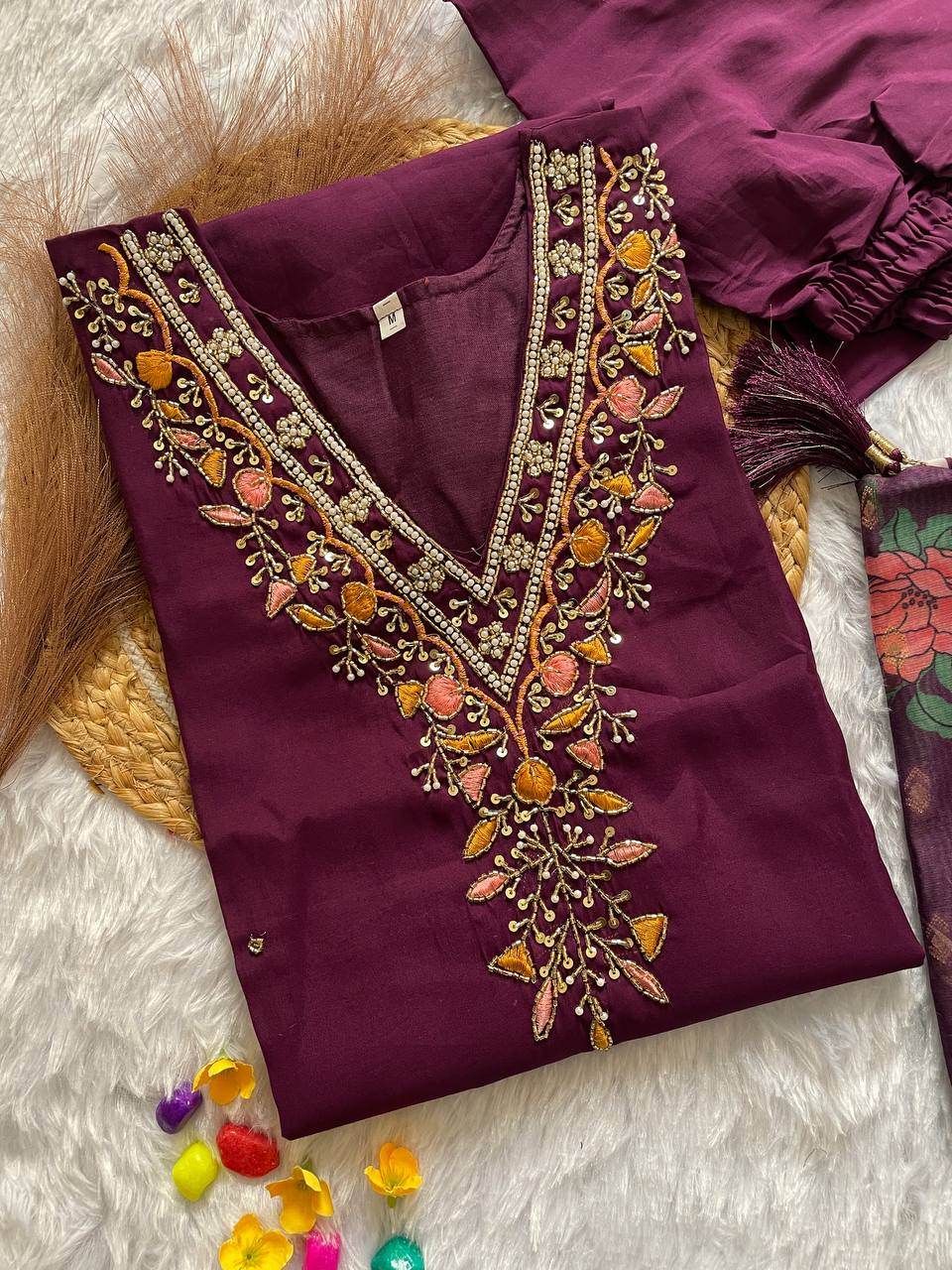 handwork kurti pant with dupatta set - rpd fashion