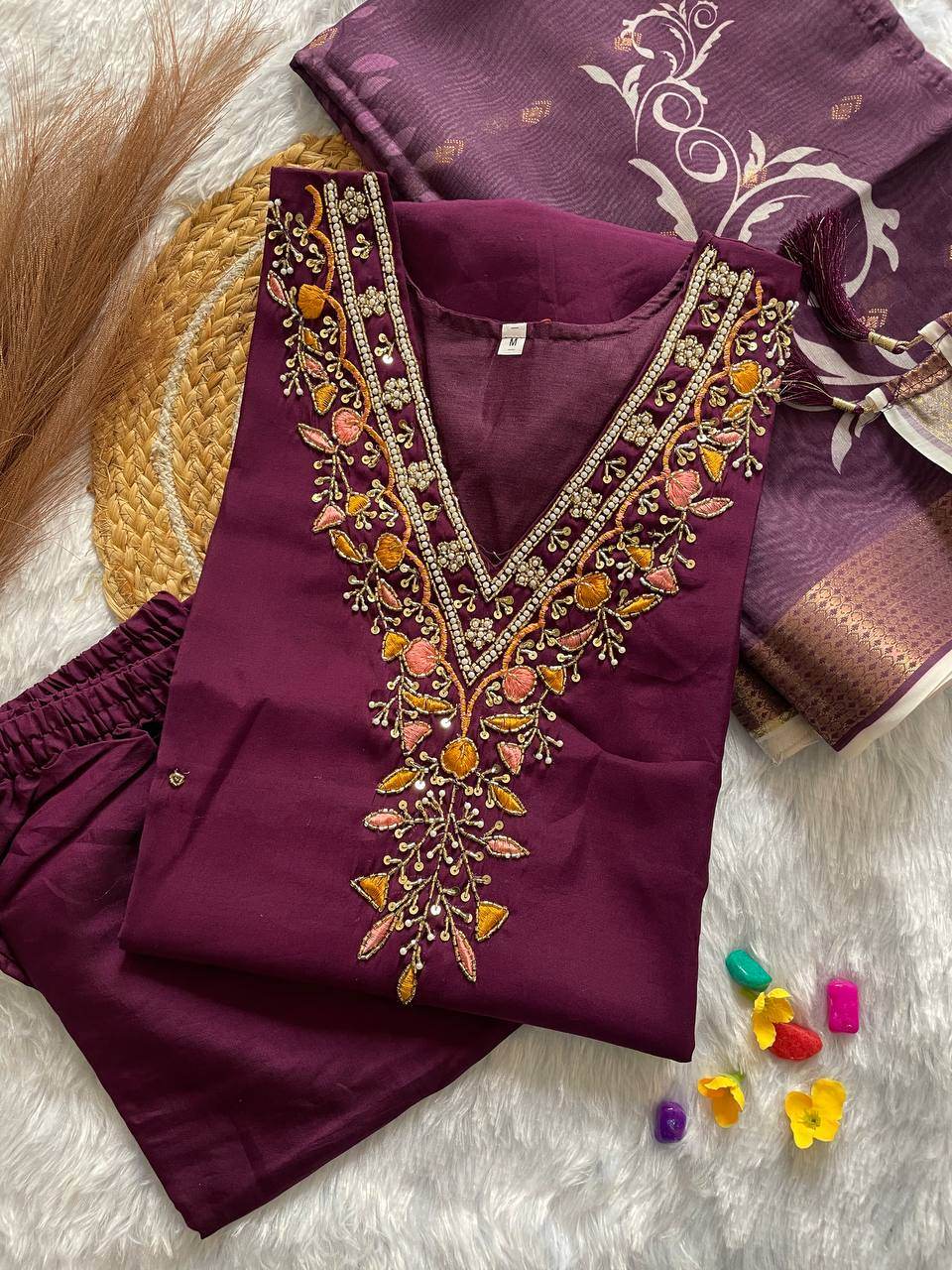 handwork kurti pant with dupatta set - rpd fashion