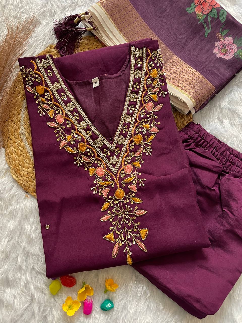 handwork kurti pant with dupatta set rpd fashion