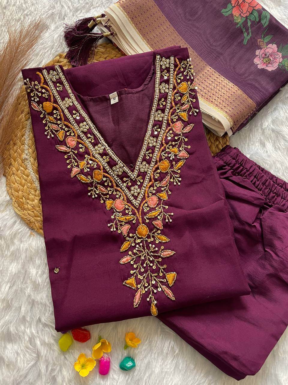 handwork kurti pant with dupatta set - rpd fashion