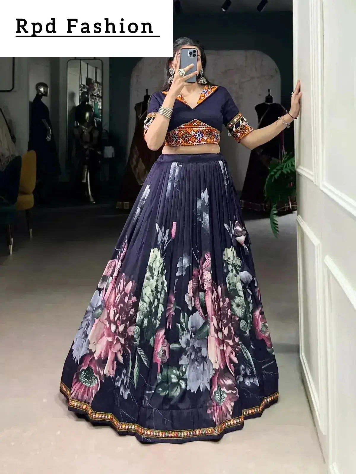 black color women's tussar silk with print and foil print lehenga choli set - rpd fashion