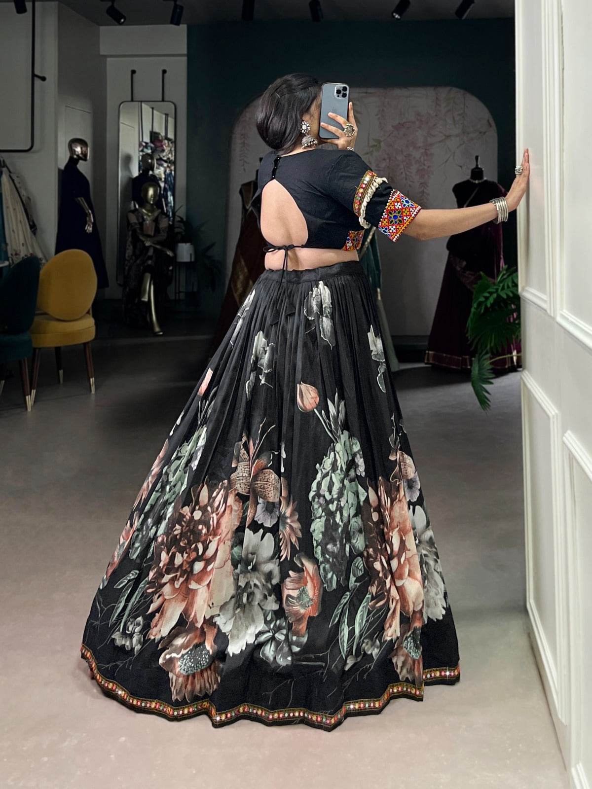 black color women's tussar silk with print and foil print lehenga choli set - rpd fashion