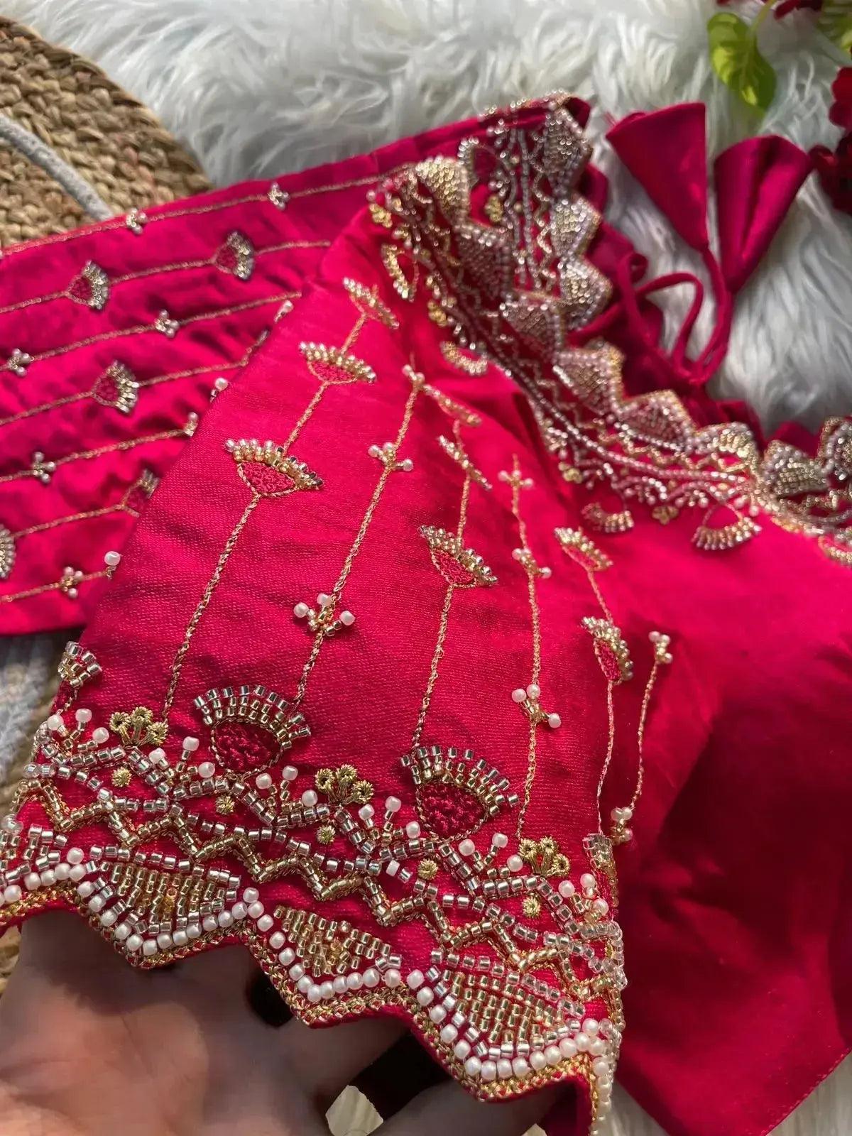 bridal blouse designs for silk saree with pearl & zari work – designer magenta silk blouse - rpd fashion