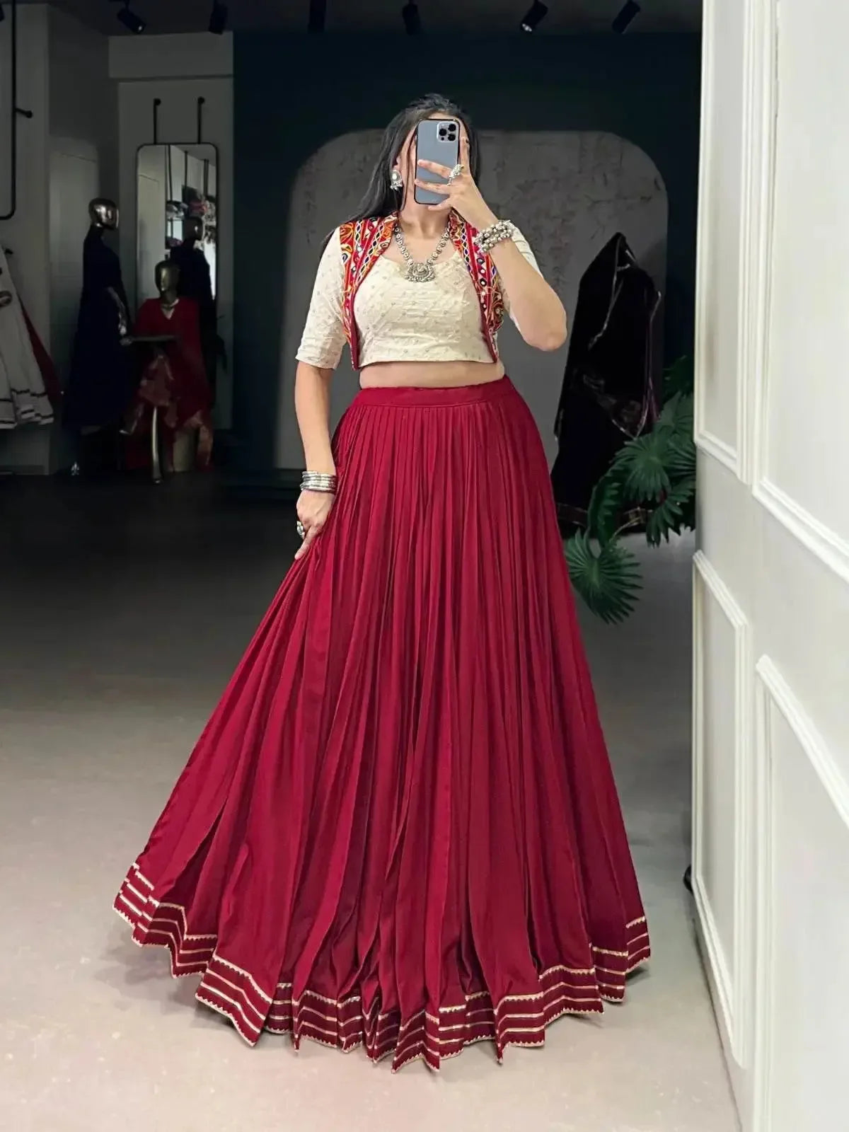 designer maroon lehenga in rayon with khadi cotton blouse - traditional indian wear - rpd fashion