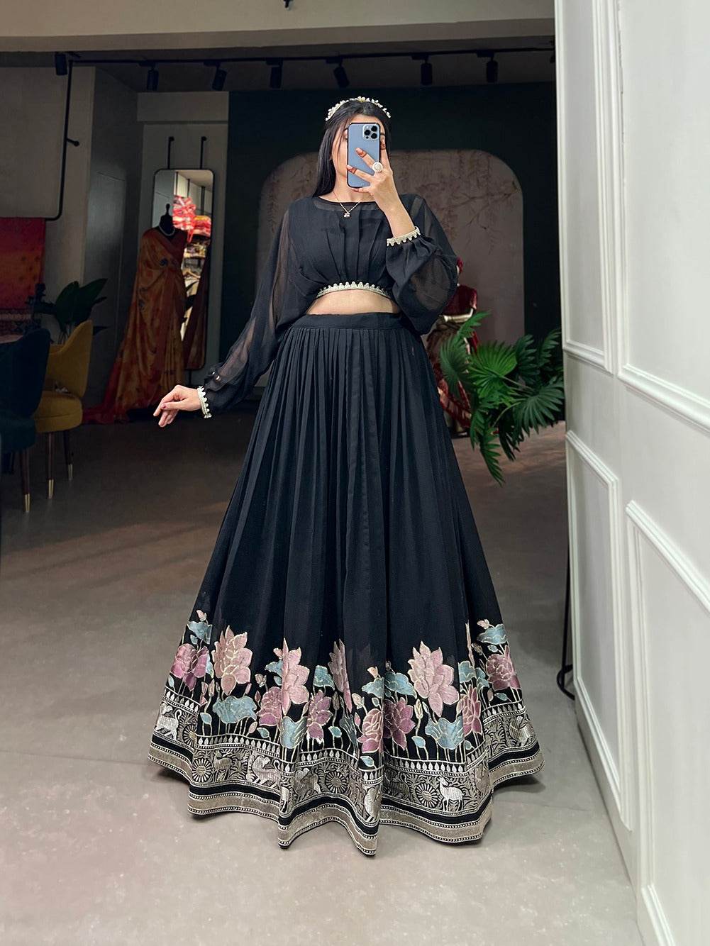 designer georgette stitched lehenga set with sequin embroidery and stylish top – ideal for party, festive, and wedding wear - rpd fashion