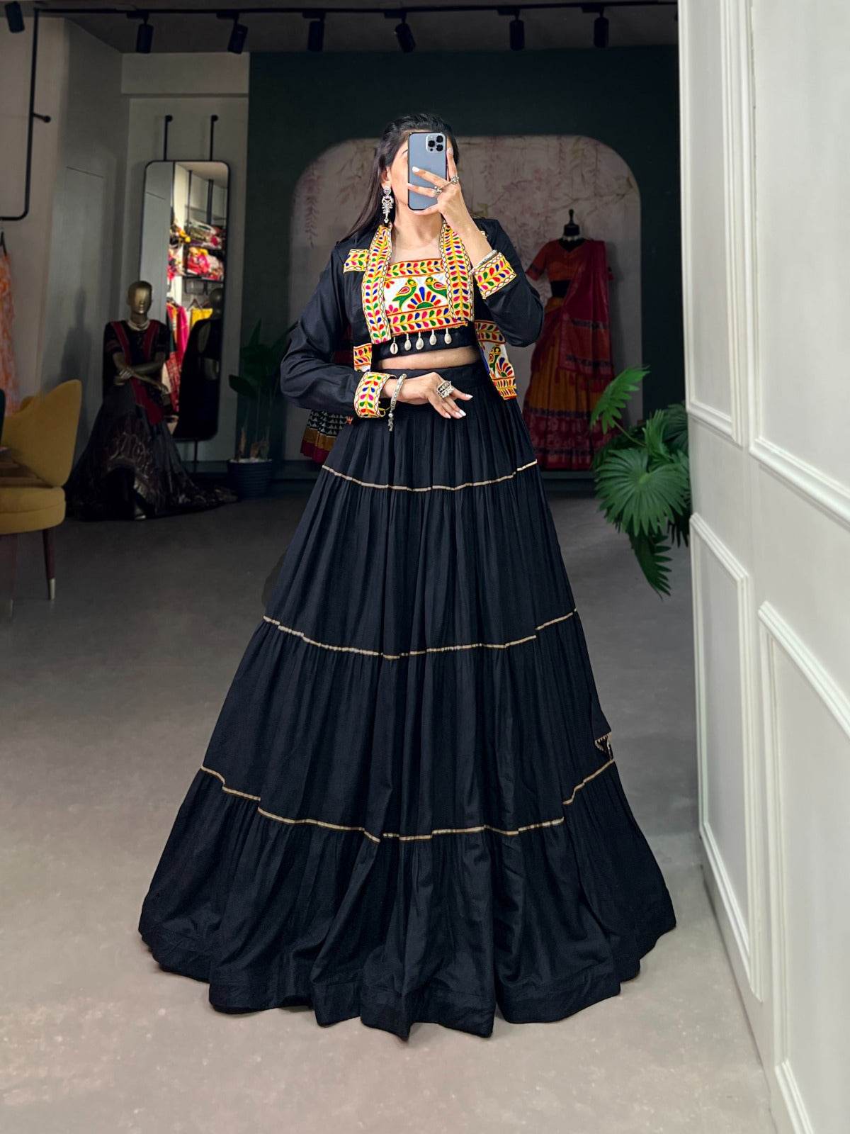 elevate your navratri style with our exquisite plain pure rayon lehenga and intricately embroidered gamthi work koti - a perfect 3-piece ensemble - rpd fashion