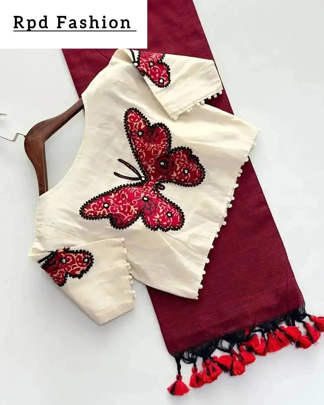 khadi cotton saree and beautiful havy khadi cotton applique blouse - rpd fashion