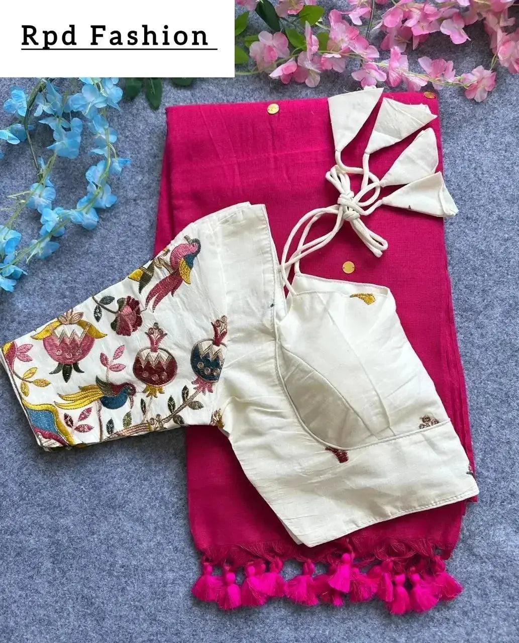 khadi cotton saree with hand stich gini and beautiful havy khadi cotton blouse - rpd fashion