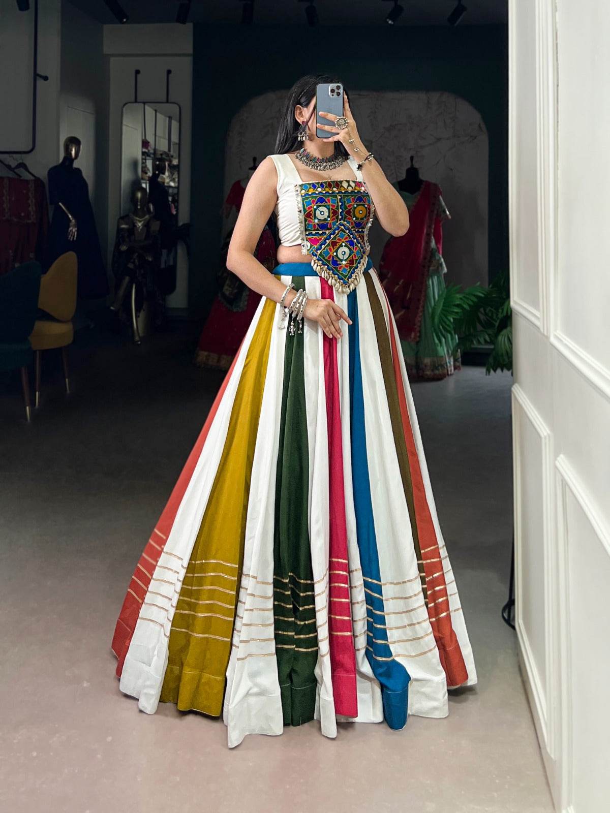 multi color pure rayon with gamthi work navratri lehenga choli - rpd fashion