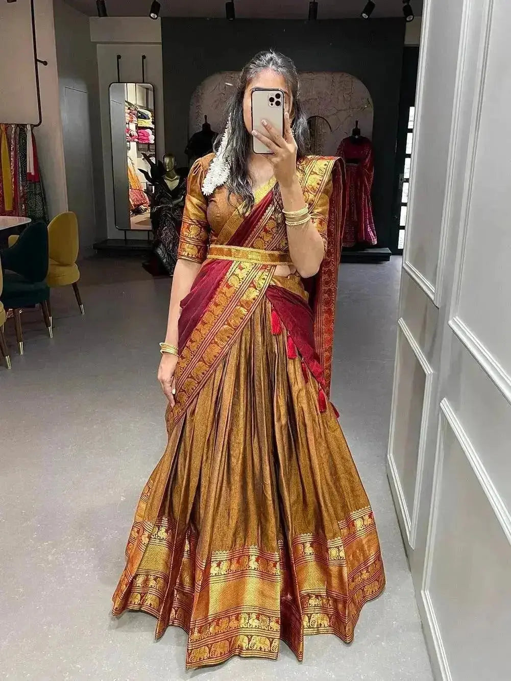 mustard color zari weaving work narayan pet (cotton) south style lehenga choli - rpd fashion