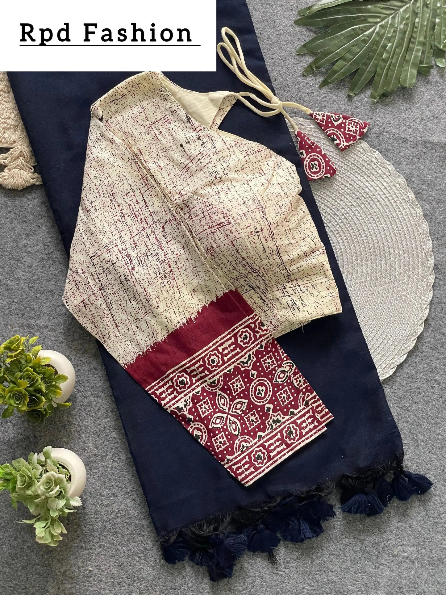 presenting ajrakh cotton long sleeve blouse with khadi cotton saree - rpd fashion