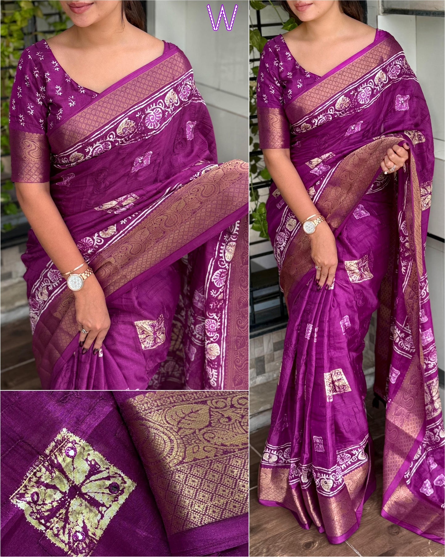purple saree with intricate patterns worn by a person,