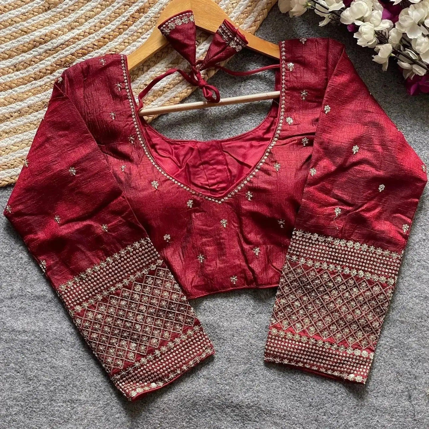 simple embroidery designs for blouse – red silk blouse with elegant handwork sleeves - rpd fashion