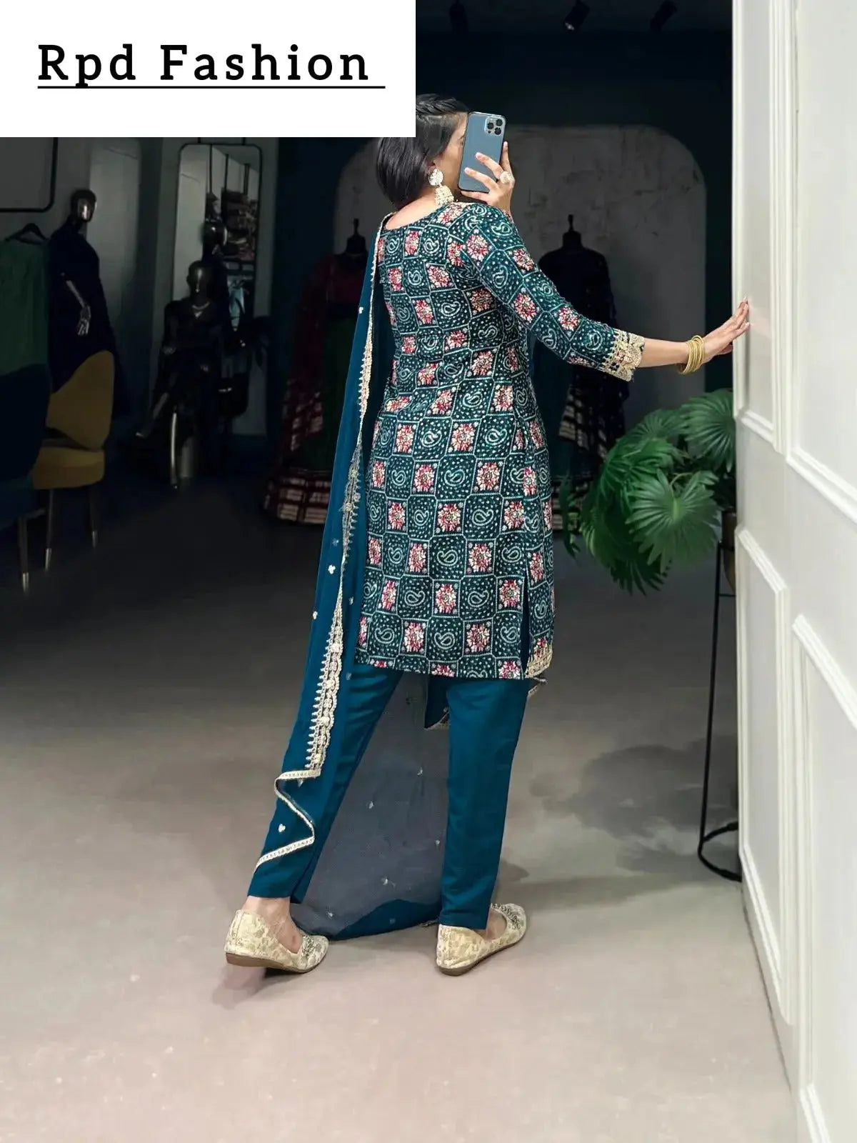 teal color printed with sequins and thread embroidery work rayon salwar suit - rpd fashion
