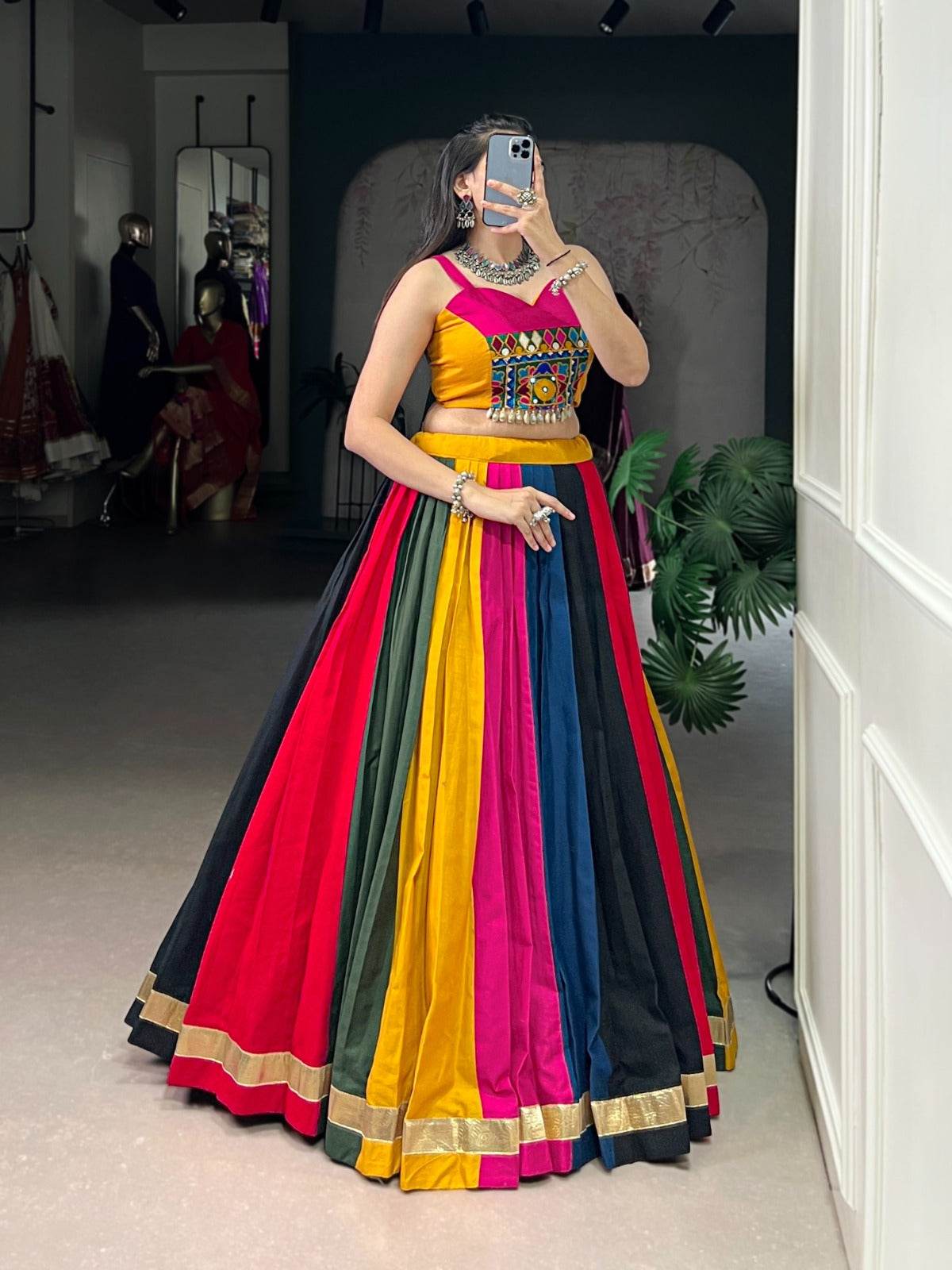traditional navratri lehenga with blouse - black and gold sleeveless crop top style - rpd fashion
