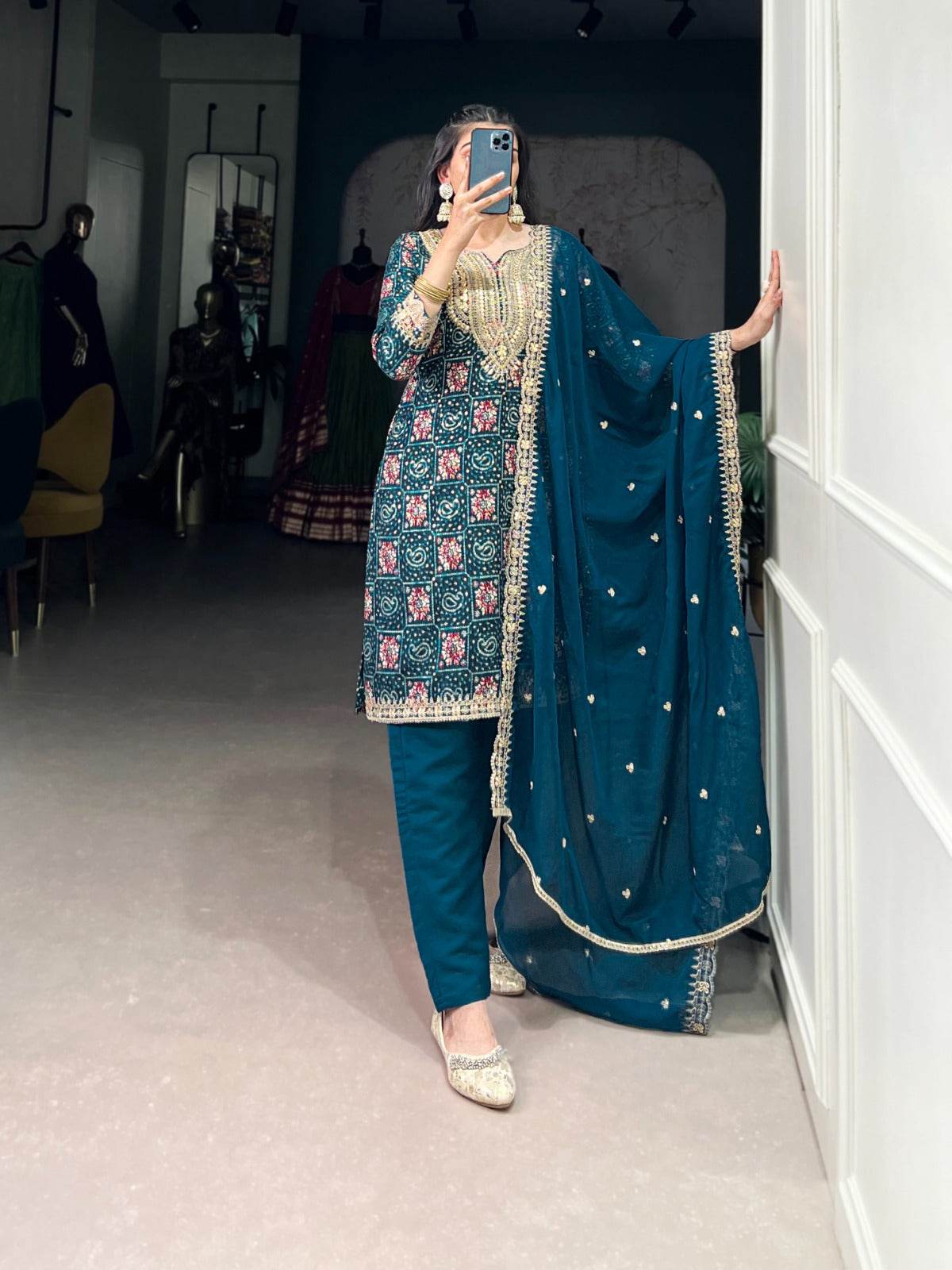 teal color printed with sequins and thread embroidery work rayon salwar suit - rpd fashion