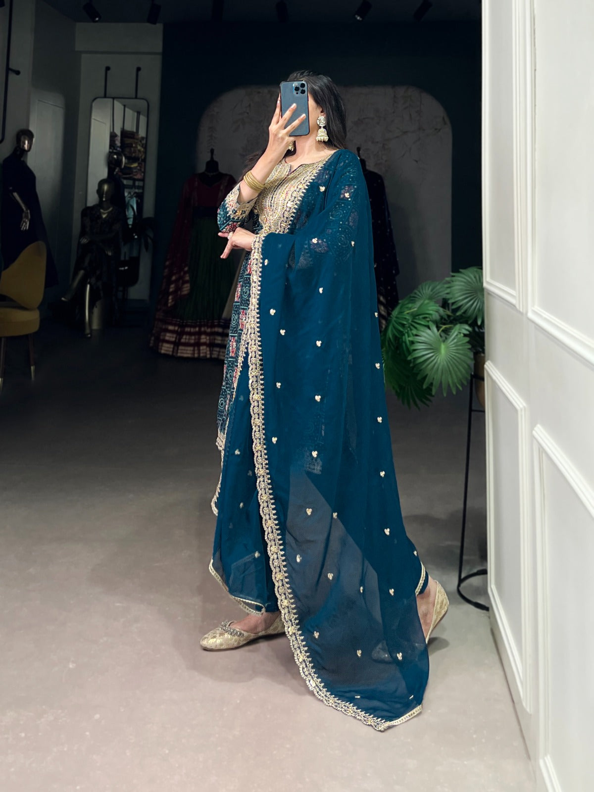 teal color printed with sequins and thread embroidery work rayon salwar suit rpd fashion