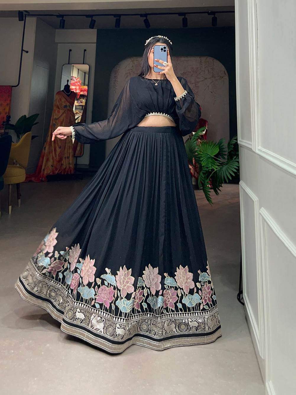 designer georgette stitched lehenga set with sequin embroidery and stylish top – ideal for party, festive, and wedding wear - rpd fashion