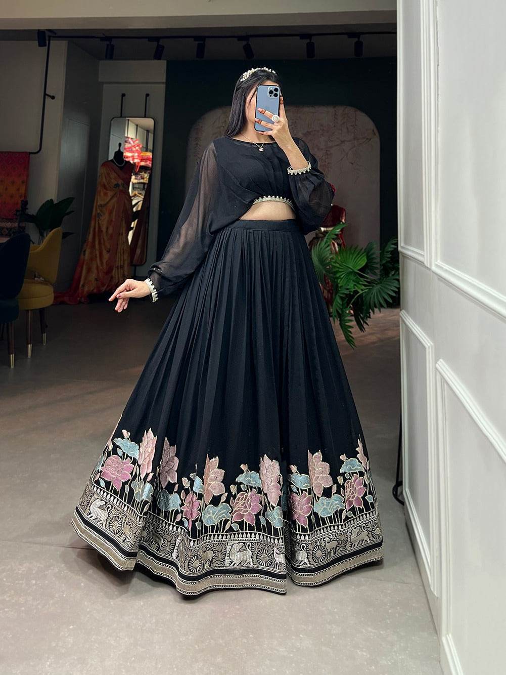 designer georgette stitched lehenga set with sequin embroidery and stylish top – ideal for party, festive, and wedding wear - rpd fashion