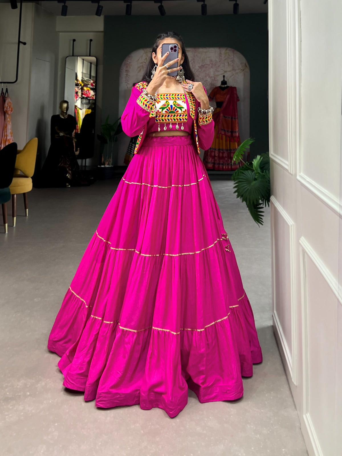 elevate your navratri style with our exquisite plain pure rayon lehenga and intricately embroidered gamthi work koti - a perfect 3-piece ensemble rpd fashion