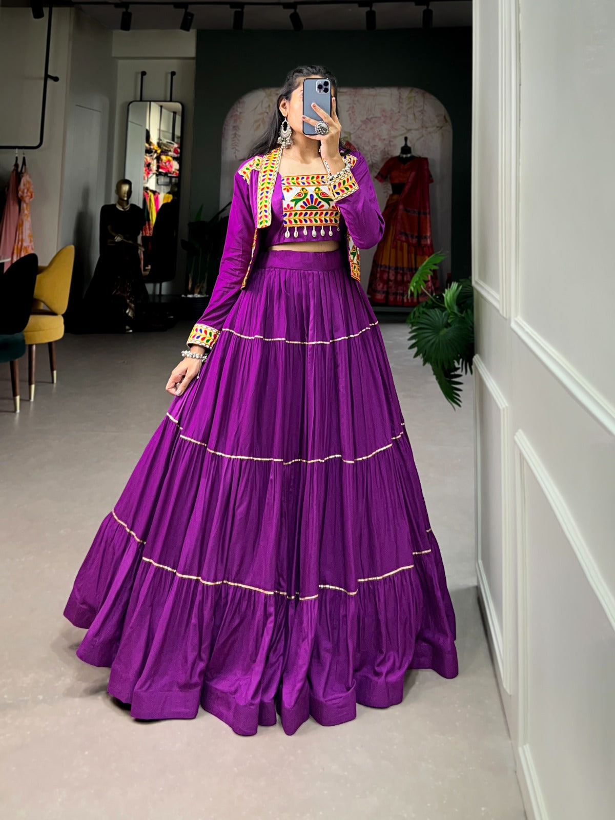 elevate your navratri style with our exquisite plain pure rayon lehenga and intricately embroidered gamthi work koti - a perfect 3-piece ensemble rpd fashion
