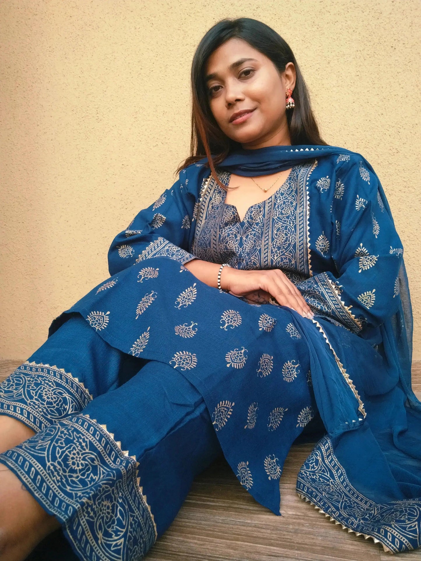 women cotton kurta set with dupatta | blue printed ethnic kurti pant set - rpd fashion