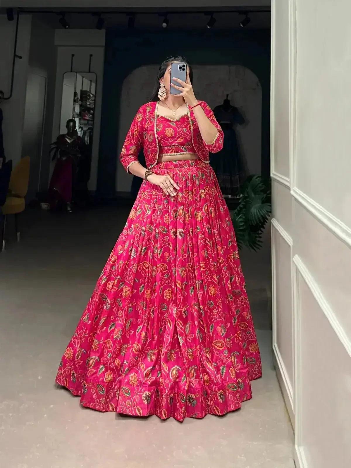 women's pink tussar silk floral print with gota patti work partywear lehenga - rpd fashion