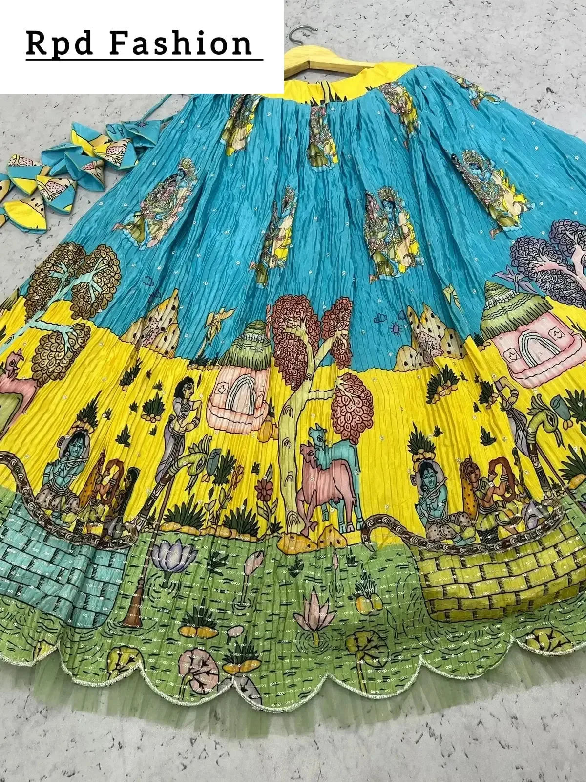 yellow and blue kalamkari lehenga - rpd fashion
