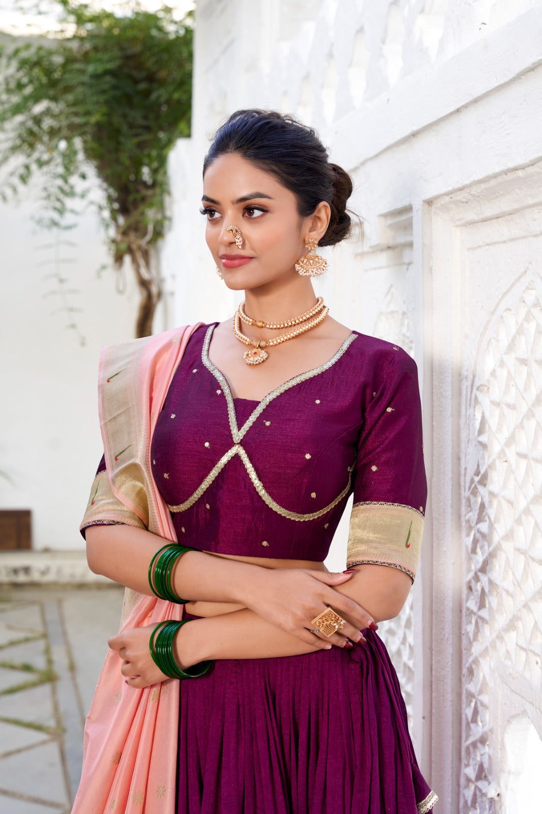 wine pure vichitra silk with weaving zari work lehenga choli