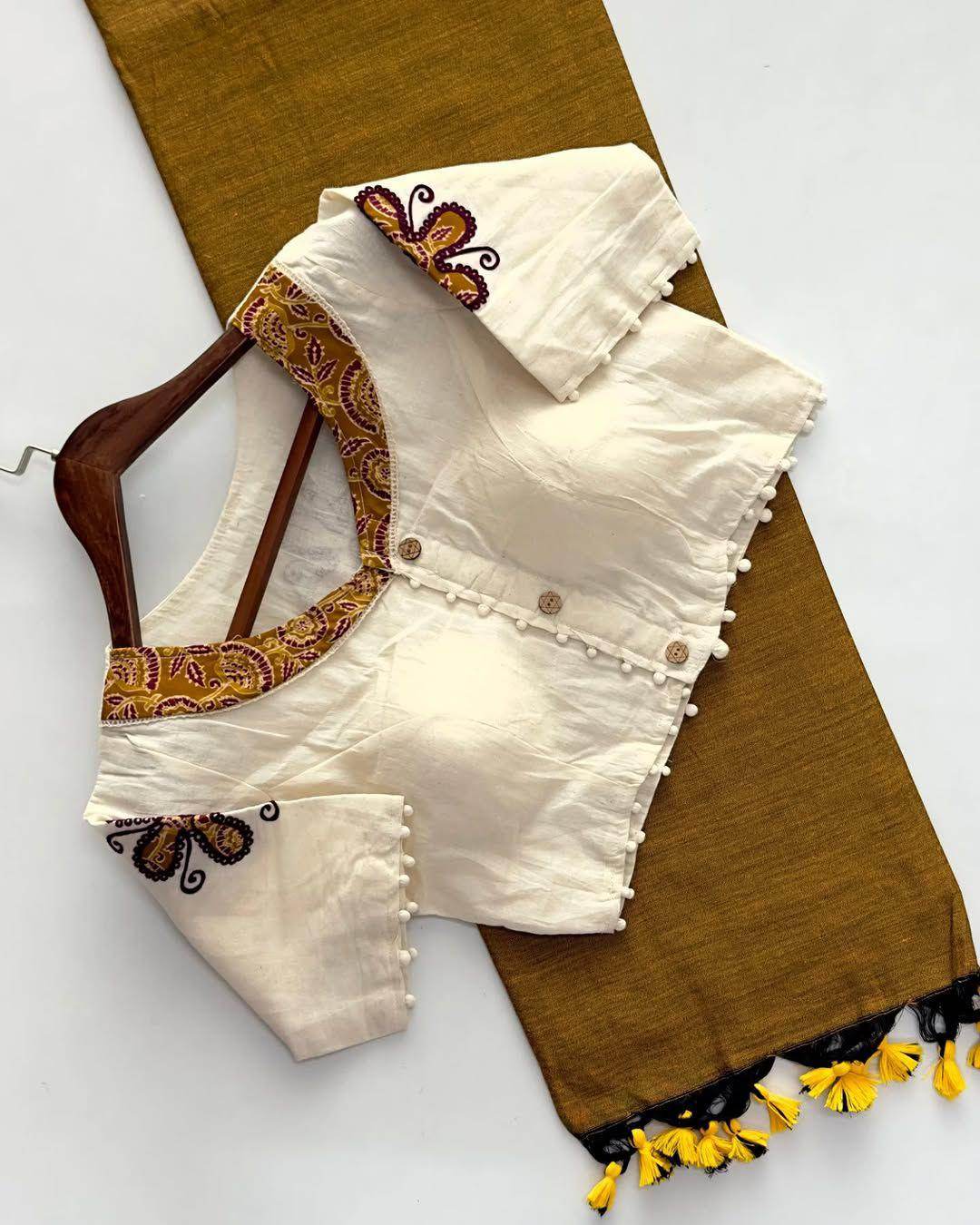 khadi cotton saree and beautiful havy khadi cotton applique blouse - rpd fashion