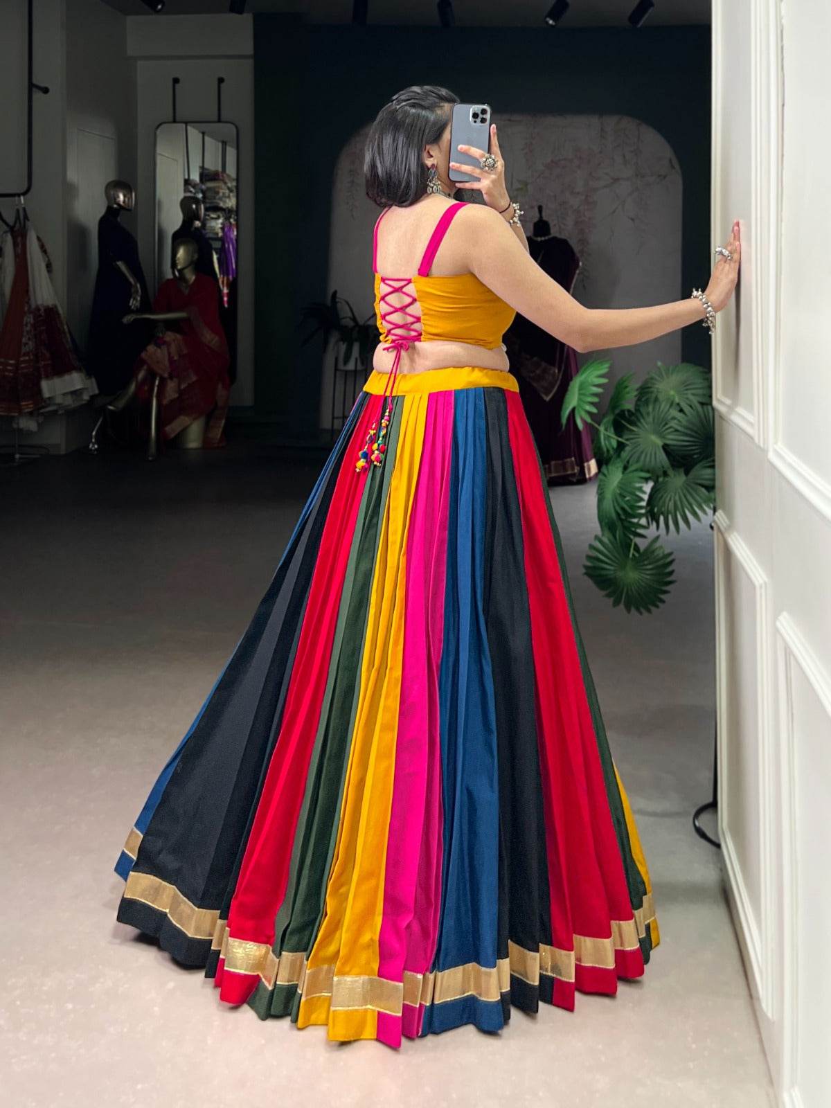 traditional navratri lehenga with blouse - black and gold sleeveless crop top style - rpd fashion
