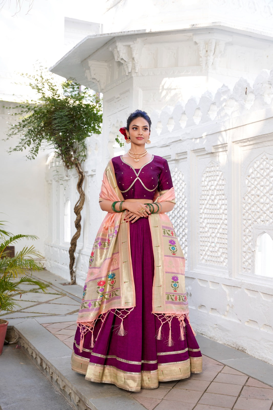 wine pure vichitra silk with weaving zari work lehenga choli