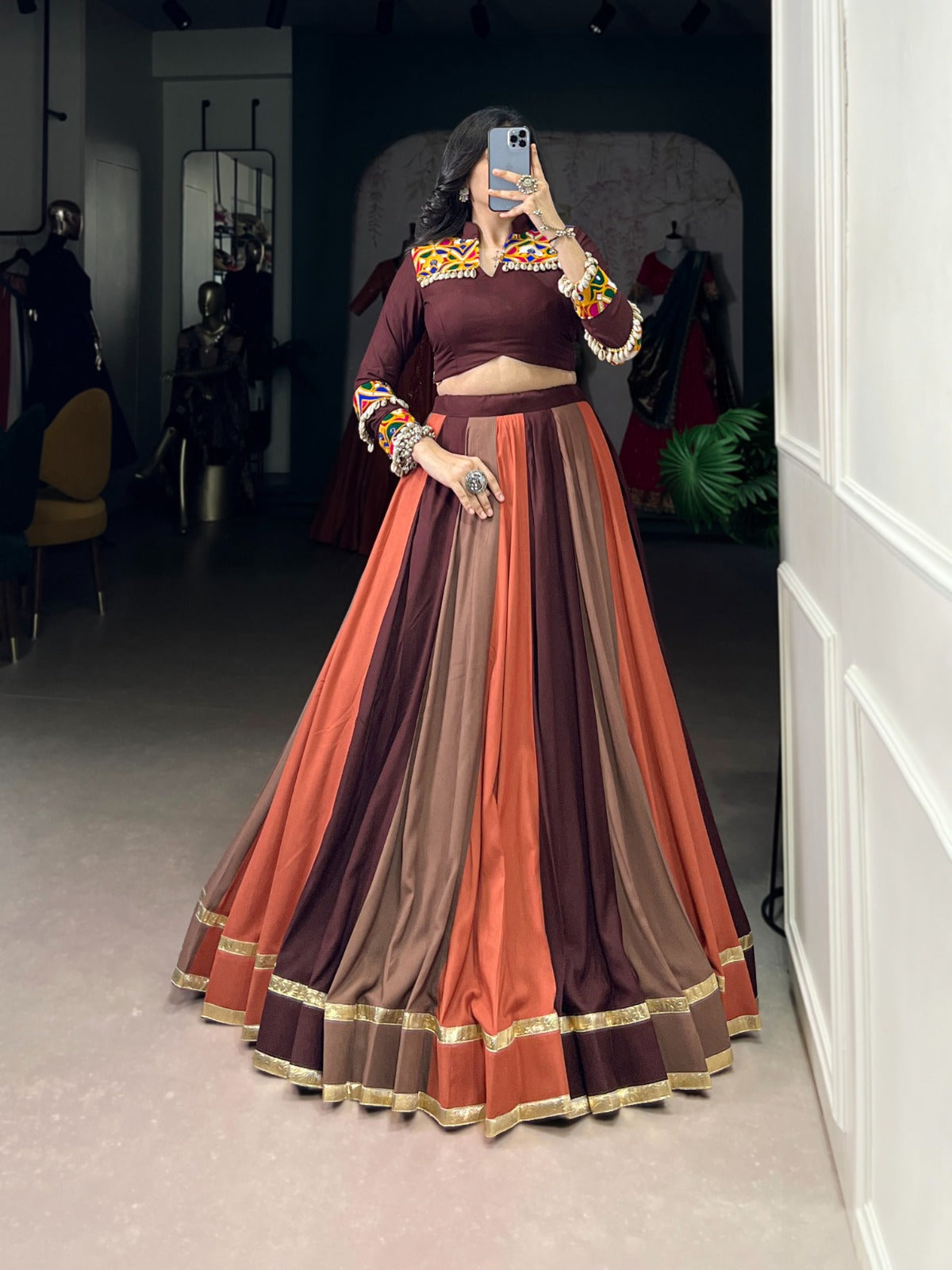brown rayon mirror gamthi lace work navratri wear lehenga choli rpd fashion