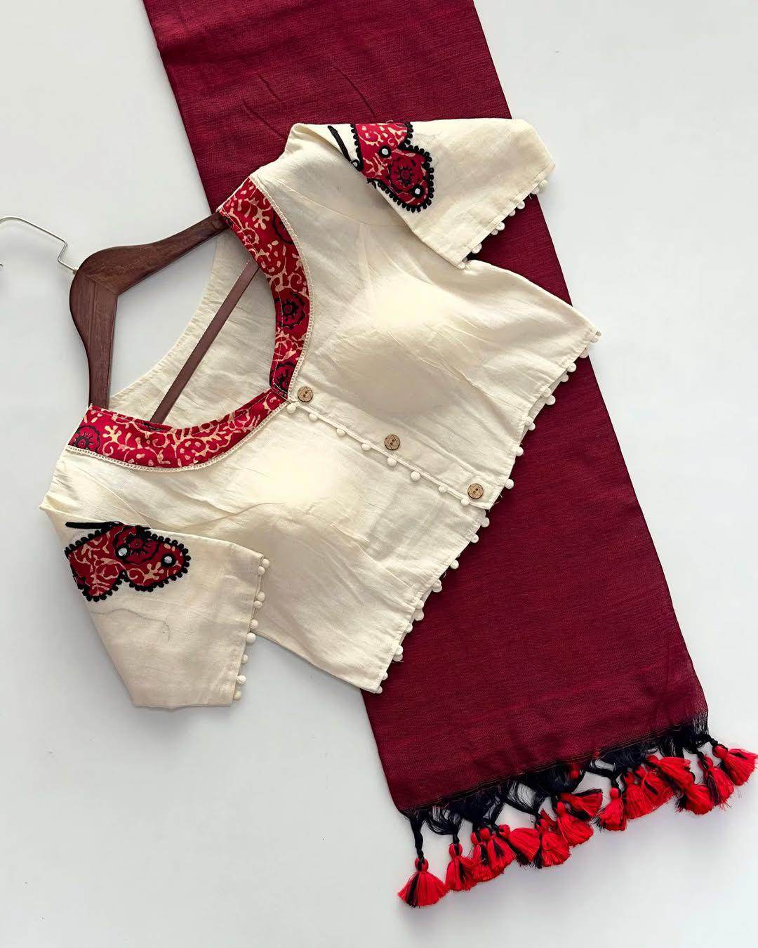 khadi cotton saree and beautiful havy khadi cotton applique blouse - rpd fashion