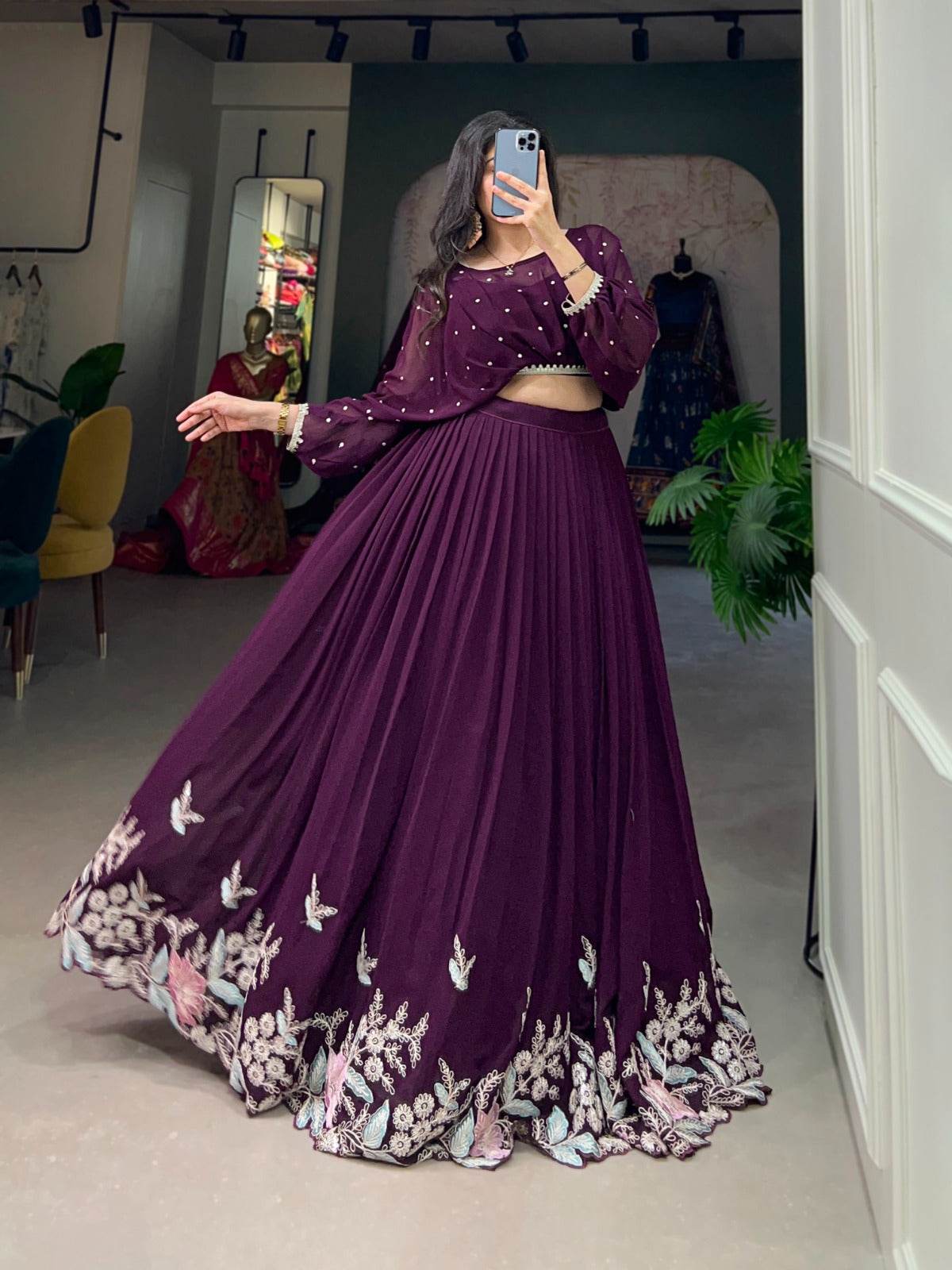 this stitched lehenga set includes georgette fabric with sequin-thread embroidery and a matching top with beautiful lace-bordered sequin butties. - rpd fashion