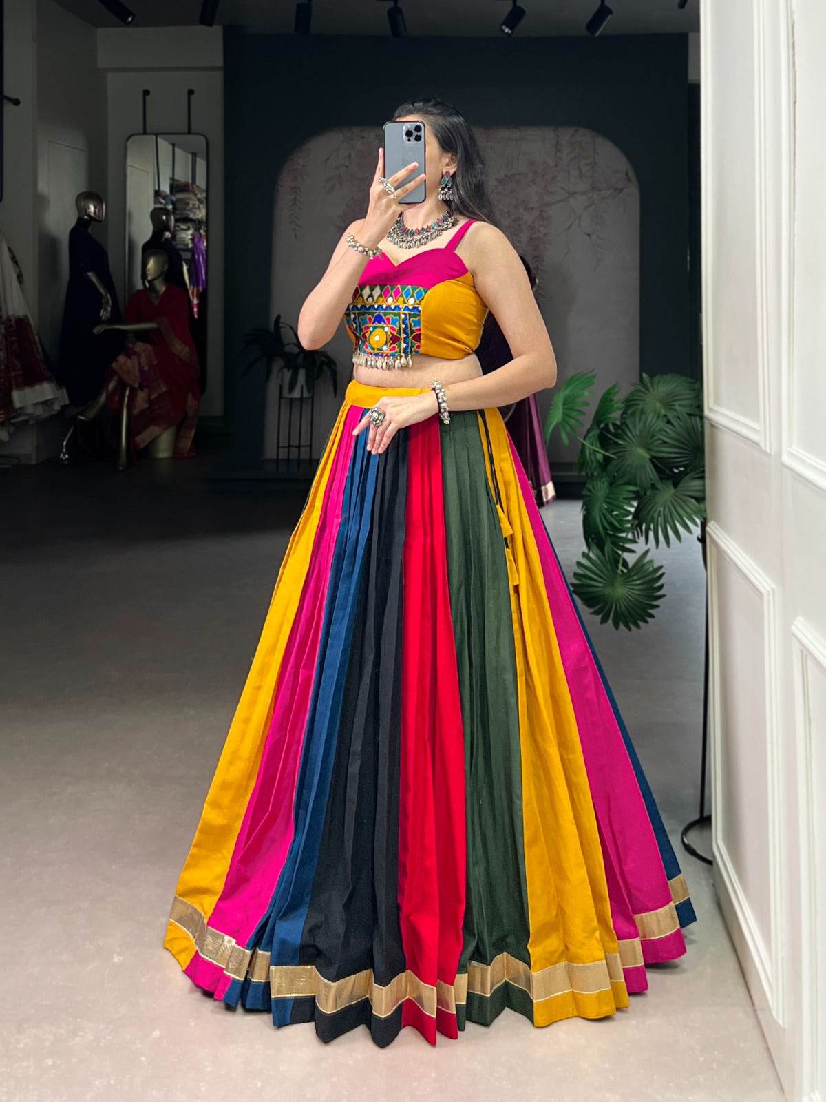 traditional navratri lehenga with blouse - black and gold sleeveless crop top style - rpd fashion