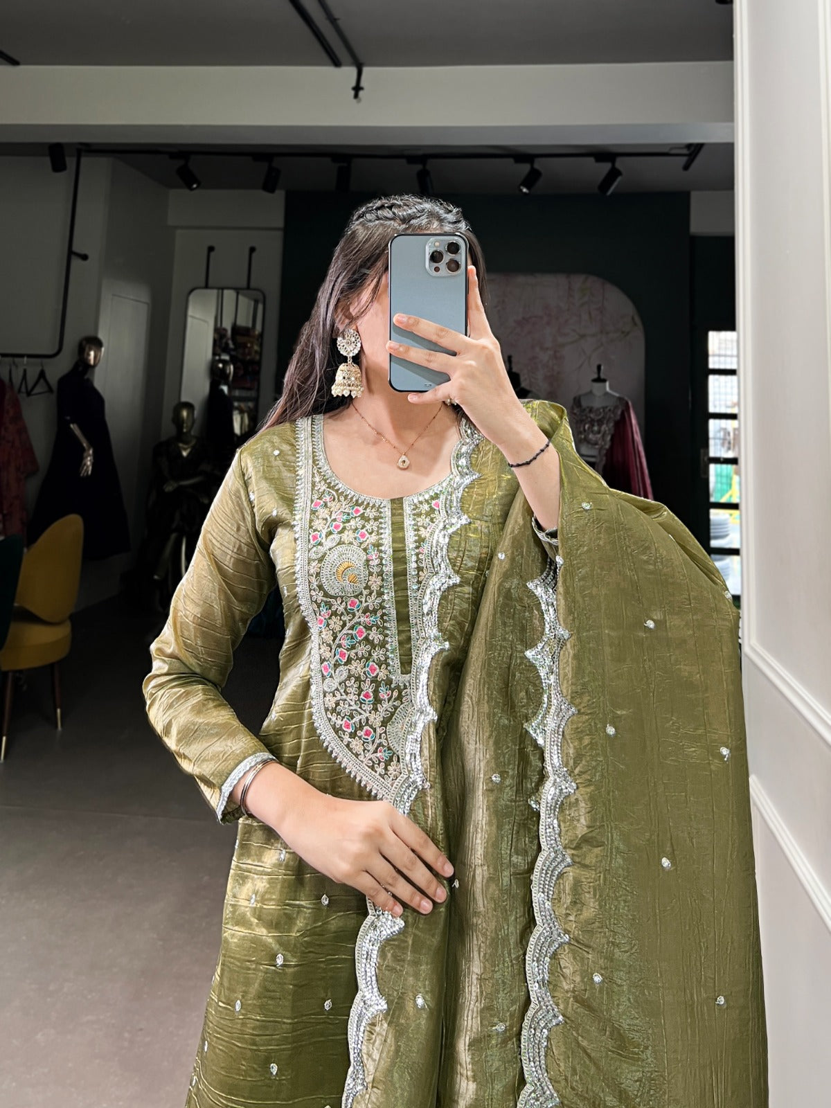 namrata gold crush green kurti with sequins and thread embroidery work rpd fashion