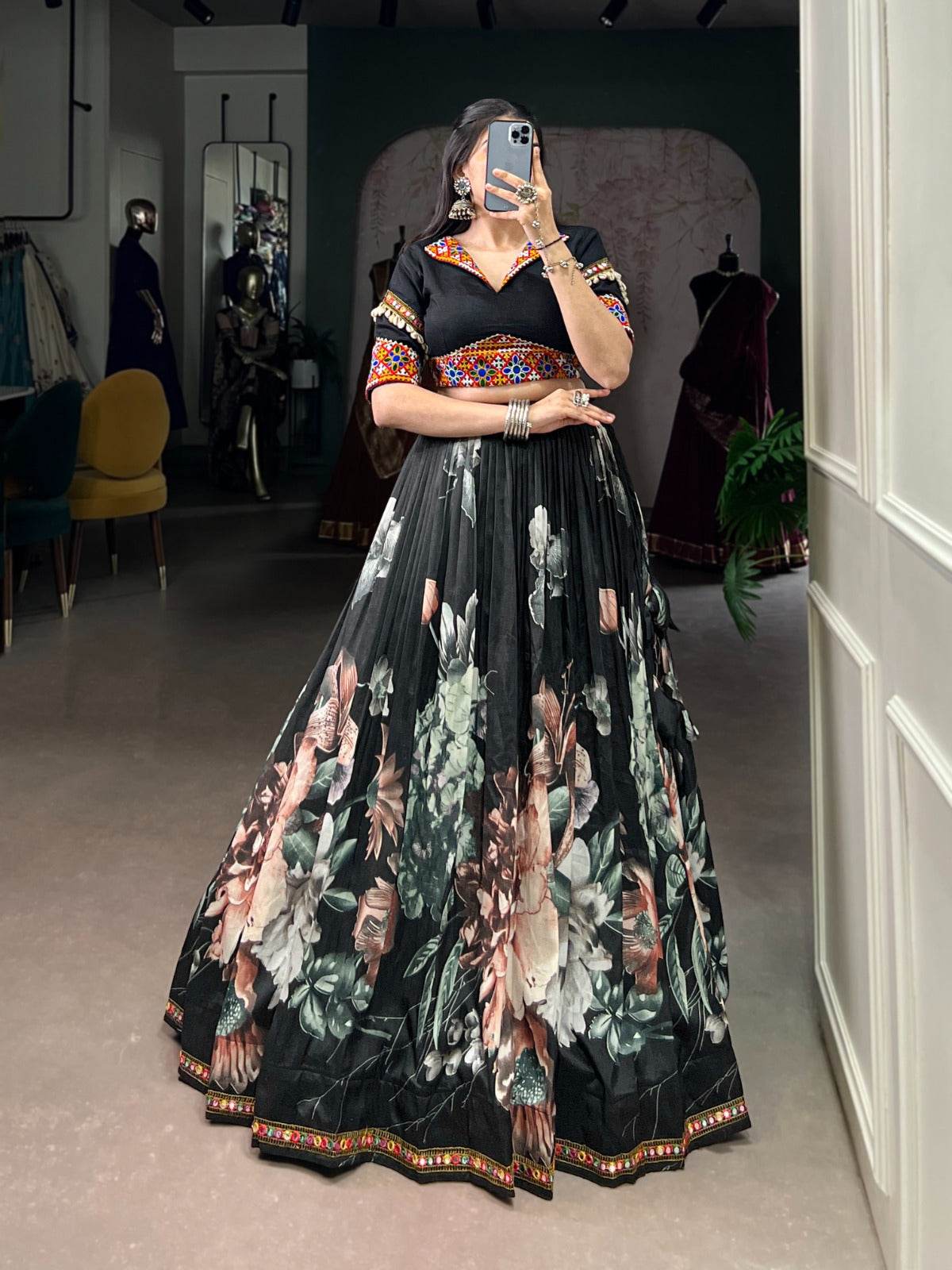 black color women's tussar silk with print and foil print lehenga choli set - rpd fashion