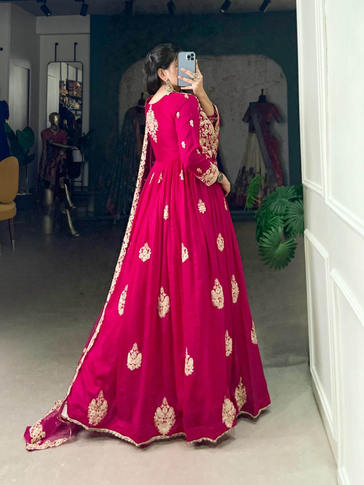 heavy vichitra silk long gown with net dupatta for women - rpd fashion