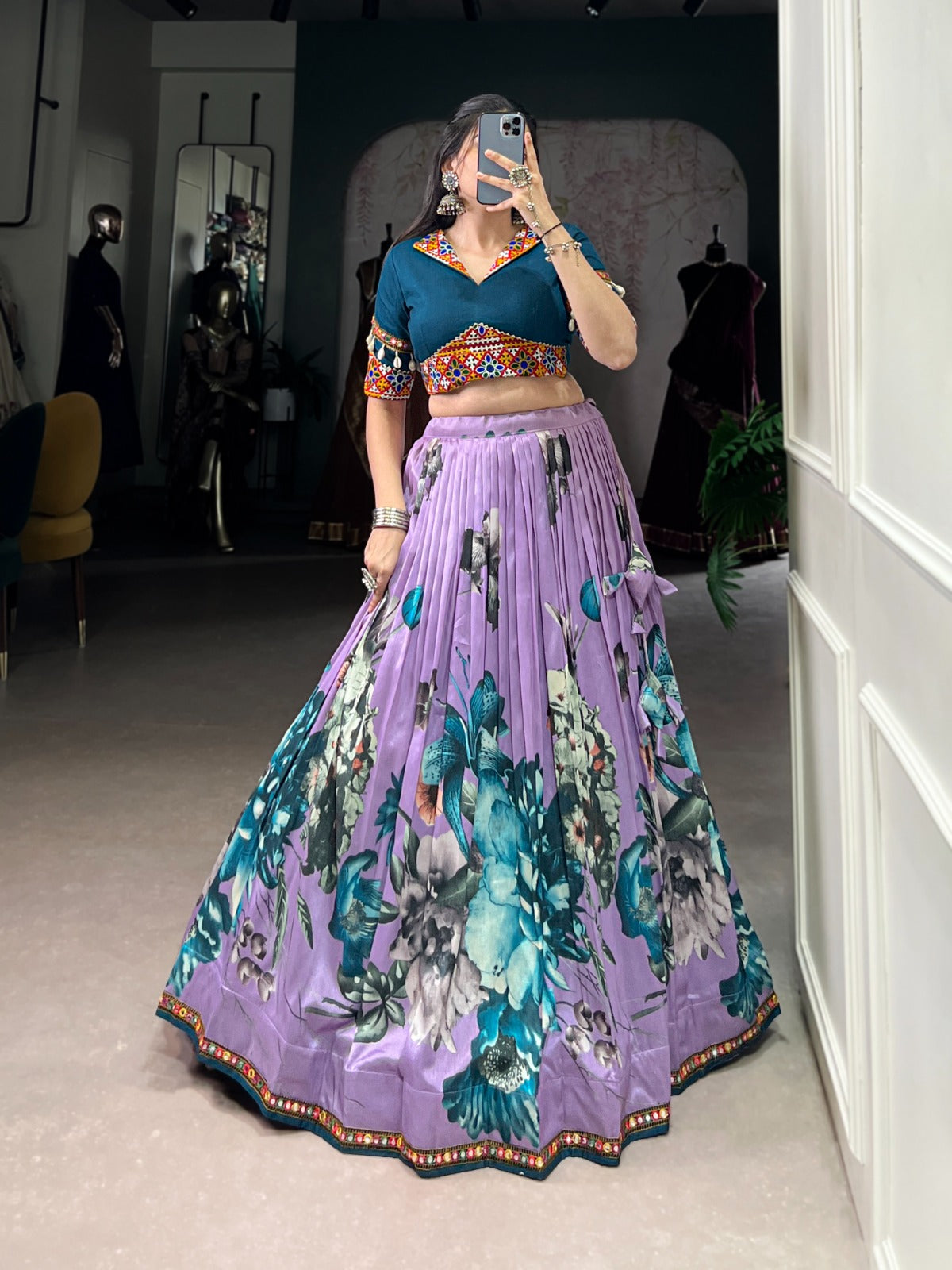 black color women's tussar silk with print and foil print lehenga choli set