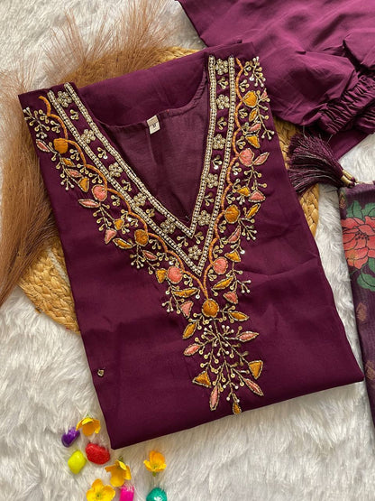 HANDWORK KURTI PANT WITH DUPATTA SET Rpd Fashion