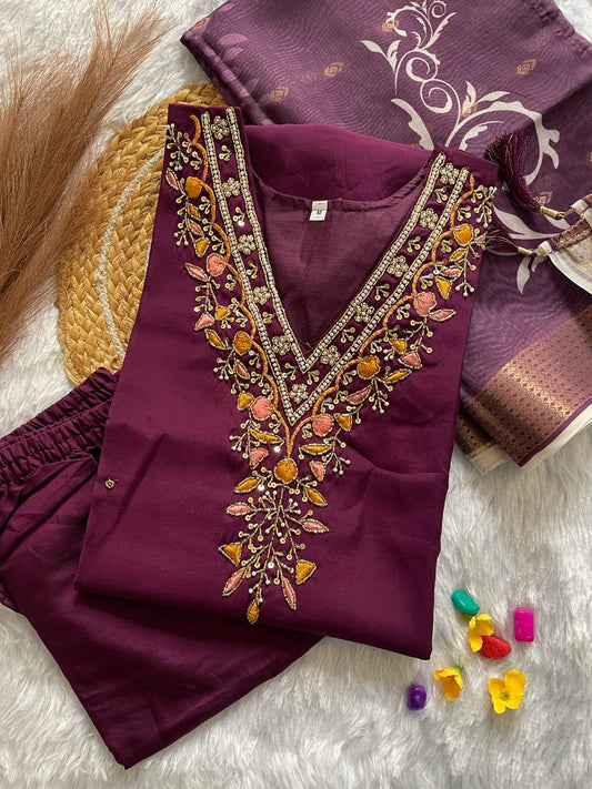 HANDWORK KURTI PANT WITH DUPATTA SET