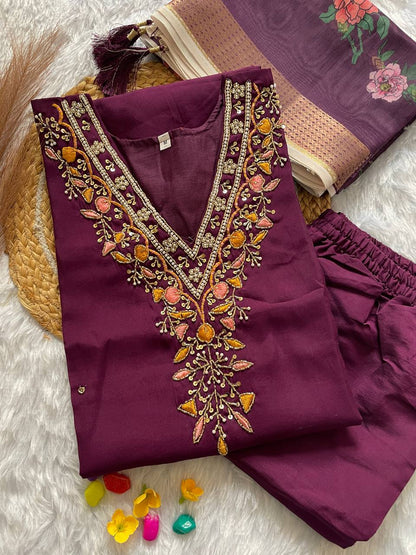 HANDWORK KURTI PANT WITH DUPATTA SET Rpd Fashion