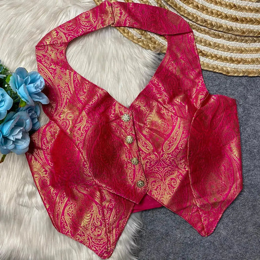 Banarasi Heavy Fabric Halter Neck Blouse with Front Open and Handmade Details
