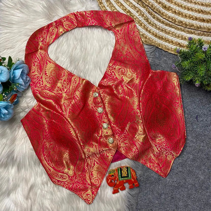 Banarasi Heavy Fabric Halter Neck Blouse with Front Open and Handmade Details RPD Fashion