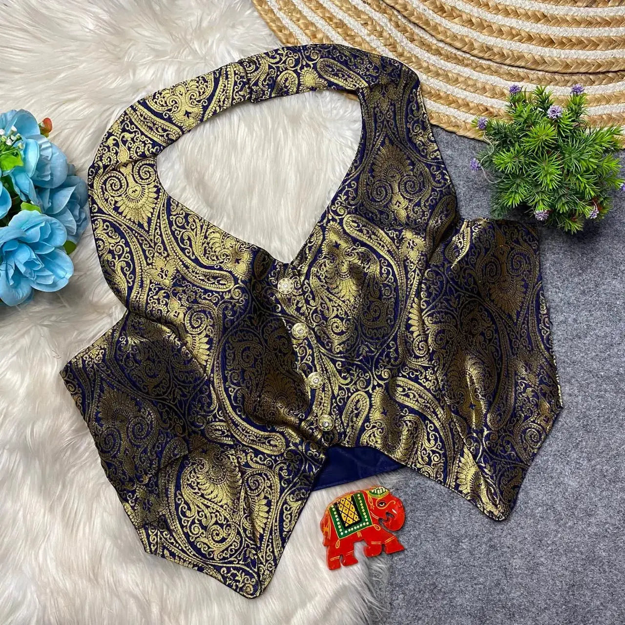banarasi heavy fabric halter neck blouse with front open and handmade details rpd fashion
