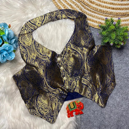 Banarasi Heavy Fabric Halter Neck Blouse with Front Open and Handmade Details RPD Fashion