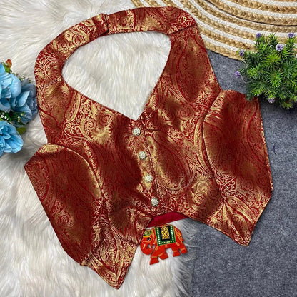 Banarasi Heavy Fabric Halter Neck Blouse with Front Open and Handmade Details RPD Fashion