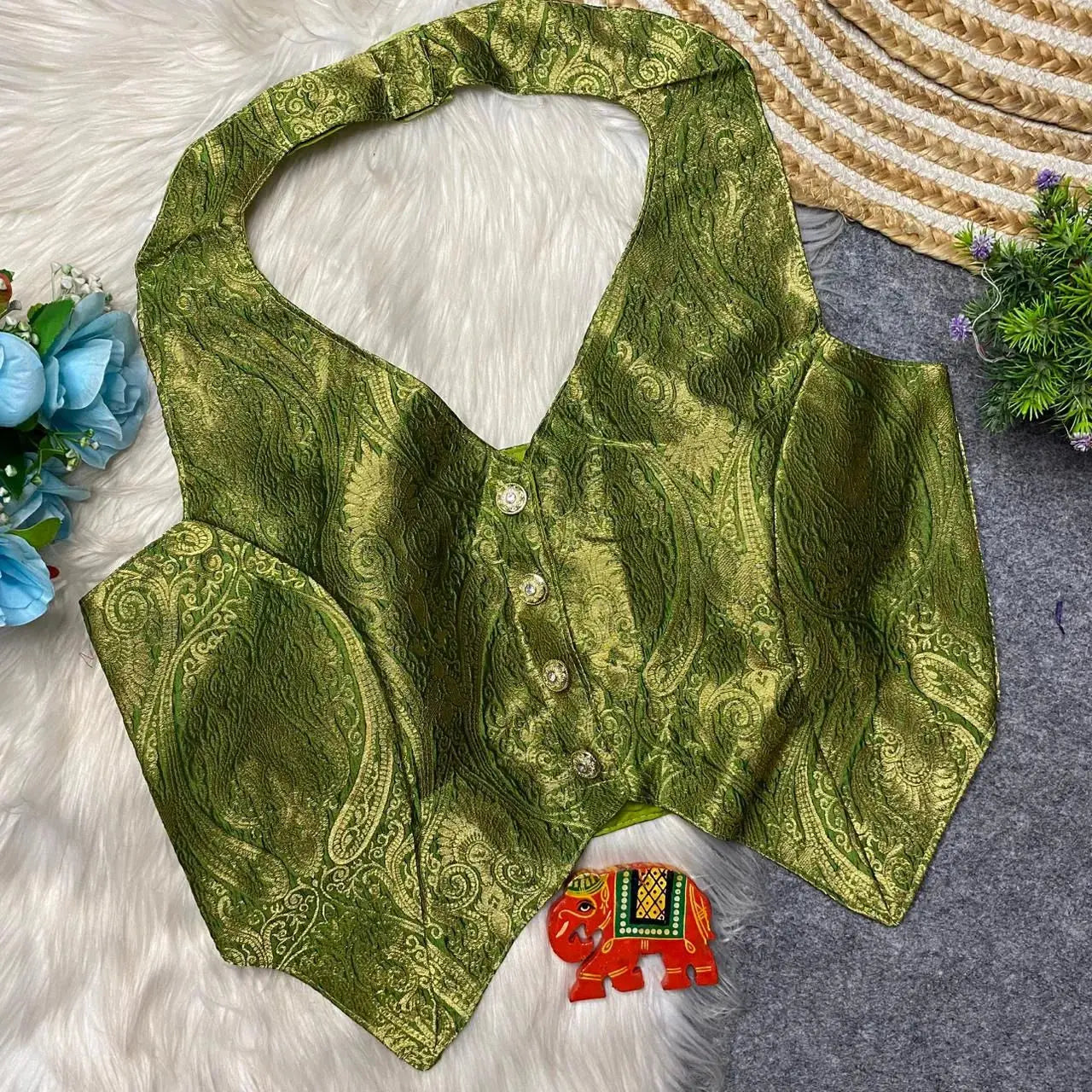 Banarasi Heavy Fabric Halter Neck Blouse with Front Open and Handmade Details RPD Fashion